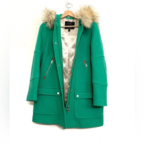 J. Crew Chateau Parka Italian Wool Stadium Cloth Faux Fur Hooded Coat Green Sz 4 - Picture 9 of 16